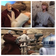 Luke comes to fully and looks up to see his rescuer. LUKE: "Ben? Ben Kenobi! Boy, am I glad to see you!" The old man helps the young farmer up and over to take a seat on a rock. BEN: "The Jundland wastes are not to be traveled lightly." #starwars #anhwt #starwarstoycrew #jbscrew #blackdeathcrew #starwarstoypix #starwarstoyfigs #toyshelf